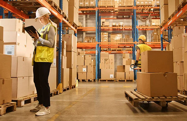Two workers in a warehouse with a pallet